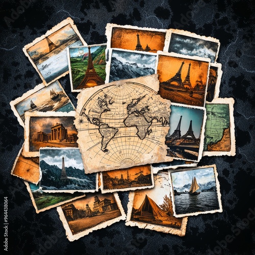 A vintage collection of travel postcards featuring iconic landmarks and a world map. Perfect for nostalgia and exploration themes. photo