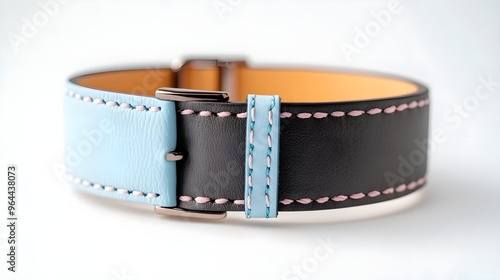 Stylish Blue & Black Leather Watch Strap with Pink Stitching