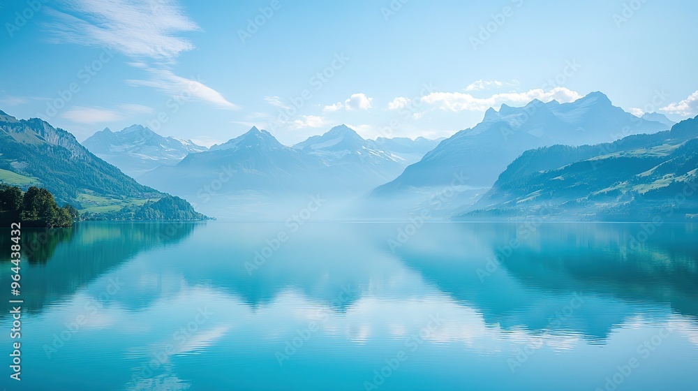 Serene Mountain Lake with Misty Peaks and Reflecting Clouds Serene Mountain Lake with Misty Peaks and Reflecting Clouds