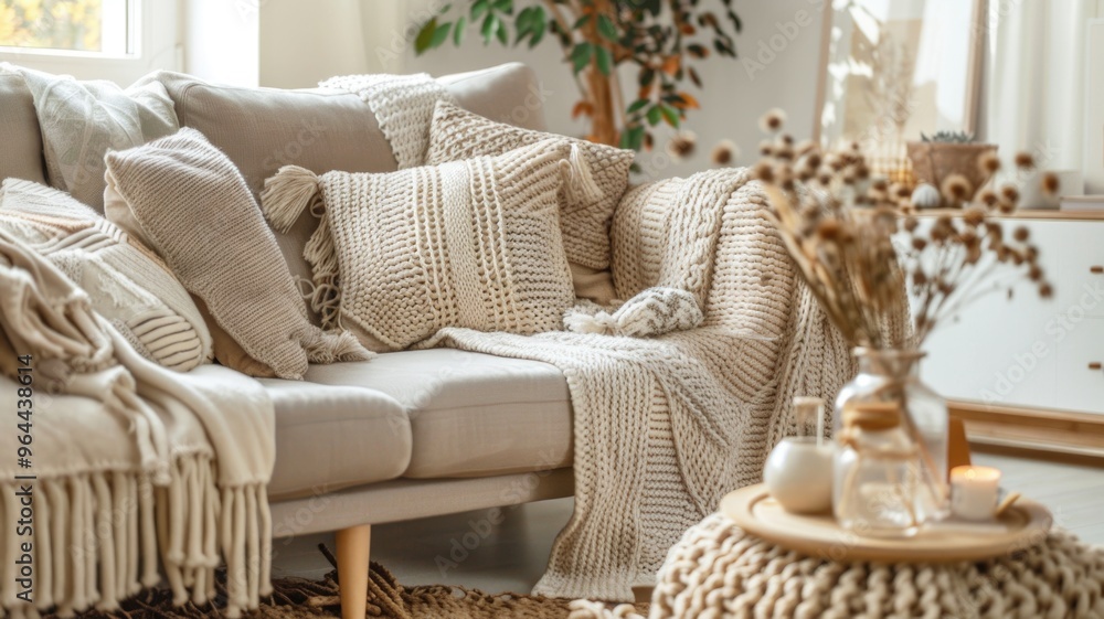 Cozy Sofa with Knitted Blankets and Pillows in Bright Living Room Cozy Sofa with Knitted Blankets and Pillows in Bright Living Room