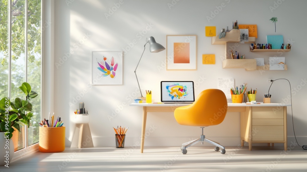 Fototapeta premium Vibrant Yellow Armchair in Modern Minimalist Room with Artwork Gallery and Greenery