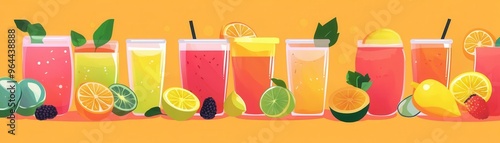 Colorful fruit juices in glasses with fresh fruit.