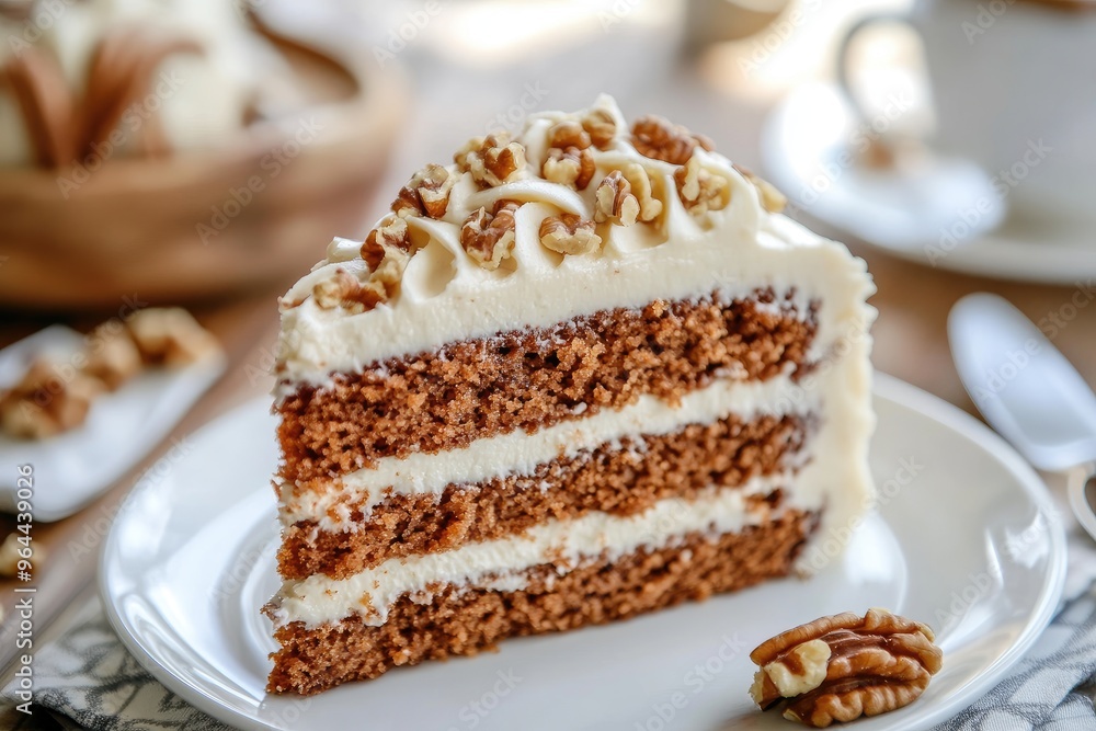 A slice of moist carrot cake with a thick layer of cream cheese frosting, garnished with chopped walnuts A slice of moist carrot cake with a thick layer of cream cheese frosting, garnished with chopped walnuts