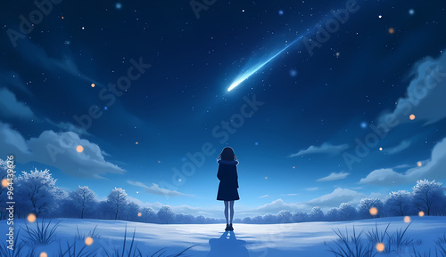 Woman standing in snowy place at night