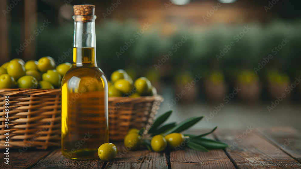 Obraz premium Olive Trees Bottles Full Olive Oil Baskets Full