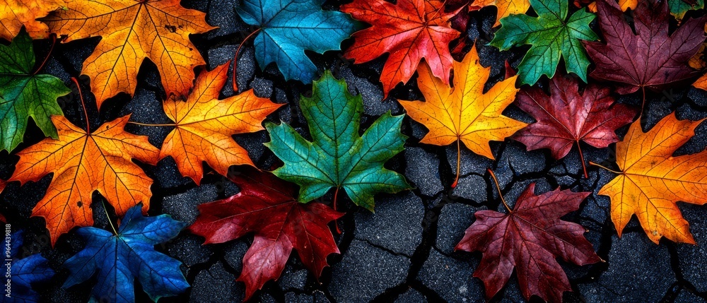 Fototapeta premium Vibrant fall leaves scattered on a cracked surface, showcasing a spectrum of colors from green to deep red and bright yellow.
