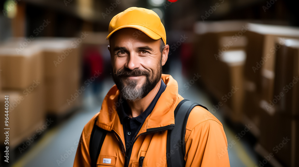 A man with a beard and a yellow hat is smiling, worker in warehouse, worker in factory A man with a beard and a yellow hat is smiling, worker in warehouse, worker in factory
