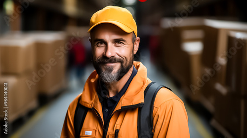 A man with a beard and a yellow hat is smiling, worker in warehouse, worker in factory