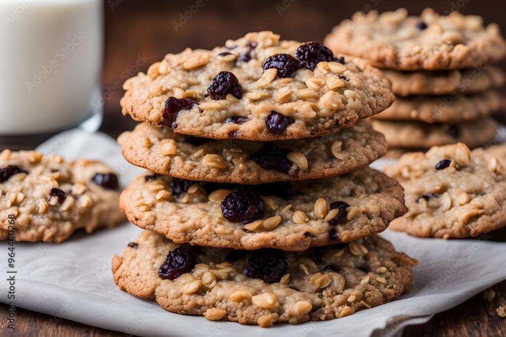 A stack of freshly baked oatmeal raisin cookies with visible oats and raisins, AI Generated A stack of freshly baked oatmeal raisin cookies with visible oats and raisins, AI Generated