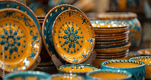 Close up of colorful, handcrafted ceramic plates and bowls with intricate designs. The pottery is glazed in shades of yellow, blue and green.