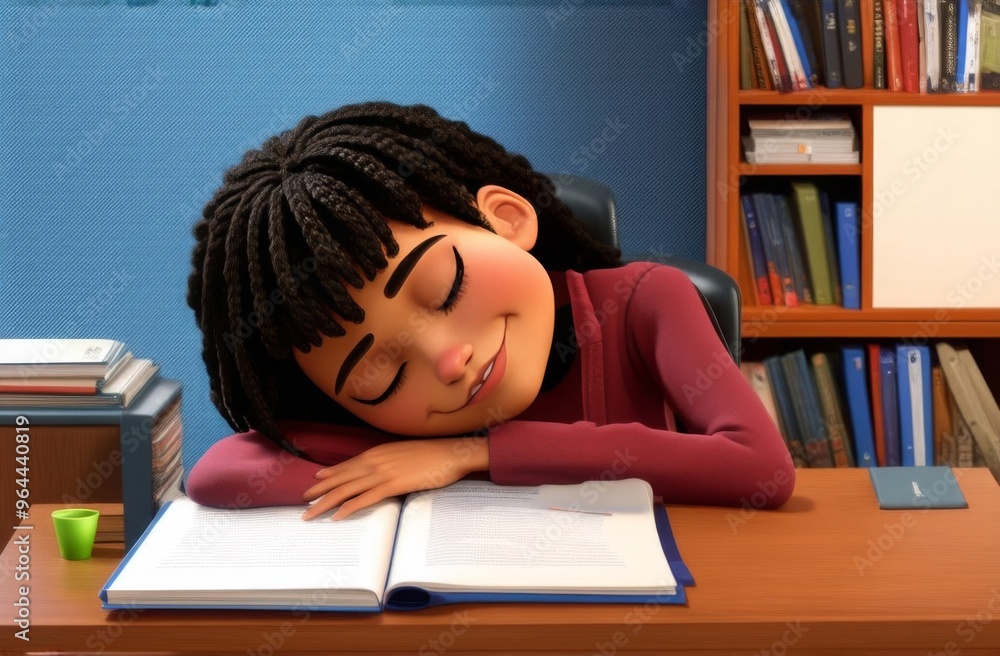 A tired girl - a primary student fell asleep at the table with textbooks, notebooks A tired girl - a primary student fell asleep at the table with textbooks, notebooks