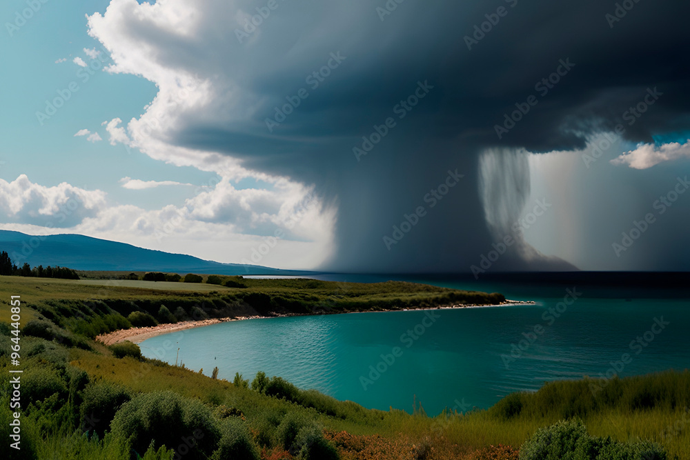 Storm clouds over lake, tornadic supercell, extreme weather, dangerous storm, climate change Storm clouds over lake, tornadic supercell, extreme weather, dangerous storm, climate change