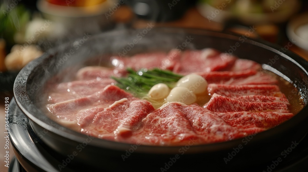 Wagyu beef shabu-shabu, with thin slices ready to be dipped into a hot broth Wagyu beef shabu-shabu, with thin slices ready to be dipped into a hot broth