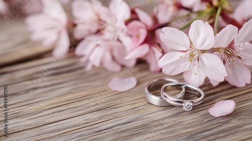 Elegant wedding rings placed delicately next to pink cherry blossoms on a wooden background, symbolizing love and commitment.