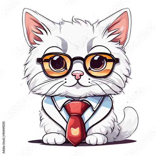 Cute hipster cat kitten cartoon vector illustration with bow tie and glasses smiling