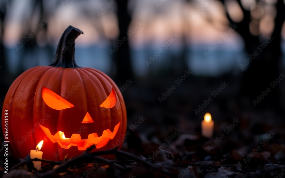 A glowing jack-o'-lantern with menacing grin sits amongst fallen leaves and flickering candlelight in a dark forest. Perfect for Halloween themes.
A glowing jack-o'-lantern with menacing grin sits amongst fallen leaves and flickering candlelight in a dark forest. Perfect for Halloween themes.
