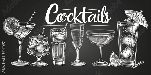 Black and white drawing of a variety alcoholic drinks and the word 