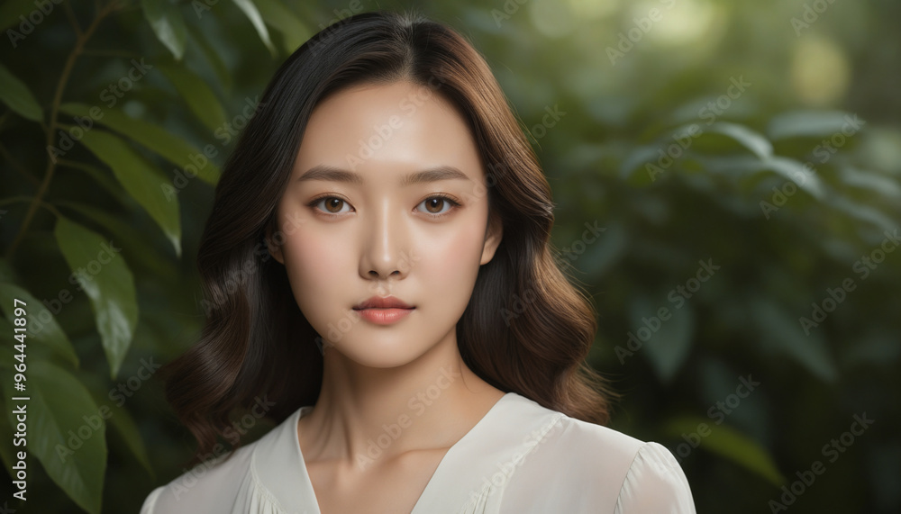 Serene Portrait of a Young Woman Amidst Lush Greenery Serene Portrait of a Young Woman Amidst Lush Greenery