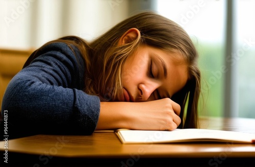 Tired schoolgirl fell asleep at the table with textbooks, notebooks