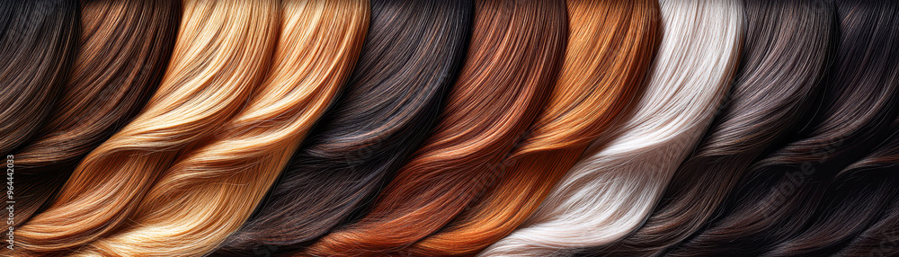 A row of hair with different colors, including brown, black, and white A row of hair with different colors, including brown, black, and white