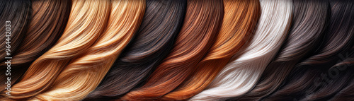 A row of hair with different colors, including brown, black, and white