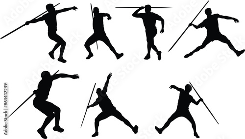 Set of javelin thrower silhouette illustration. Men athlete pose while doing sport activity.