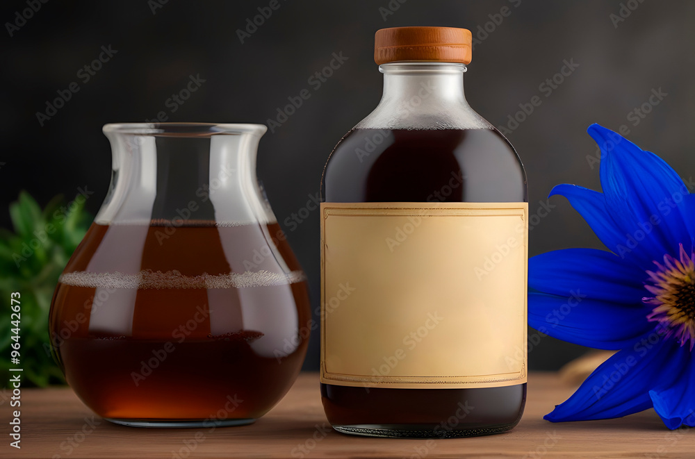 Healing drinks. Chicory drink. Cup of chicory drink and flowers on a wooden table Healing drinks. Chicory drink. Cup of chicory drink and flowers on a wooden table