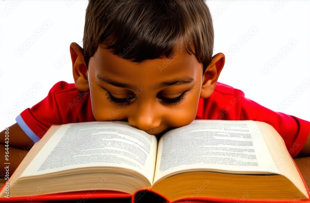 Tired schoolboy sitting at a table with textbooks, notebooks, holding his head, experiencing difficulties with studying Tired schoolboy sitting at a table with textbooks, notebooks, holding his head, experiencing difficulties with studying