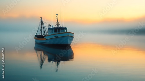 A small fishing boat on still waters at dawn, with mist rising from the surface and soft light casting a peaceful glow over the scene. Nets and fishing gear are visible on deck.