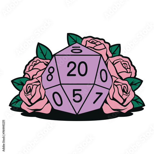 D20 Dice with Roses Fantasy Illustration photo