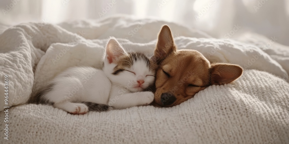 Heartwarming scene of a small kitten and puppy cuddling together while sleeping peacefully Heartwarming scene of a small kitten and puppy cuddling together while sleeping peacefully