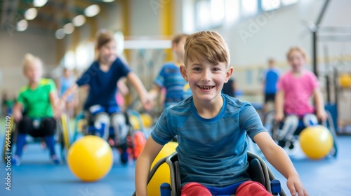 Wallpaper Mural A group of handicapped children participating in a physical education class with adaptive sports equipment. The gym is equipped with accessible features, and the children are actively engaging in Torontodigital.ca