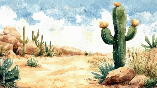 Desert And Cactus Watercolor Illustration For Childrens Book Adorable Desert Scene Colorful Cacti Whimsical Watercolor Art Playful Desert Landscape Kids Storybook Charming Design