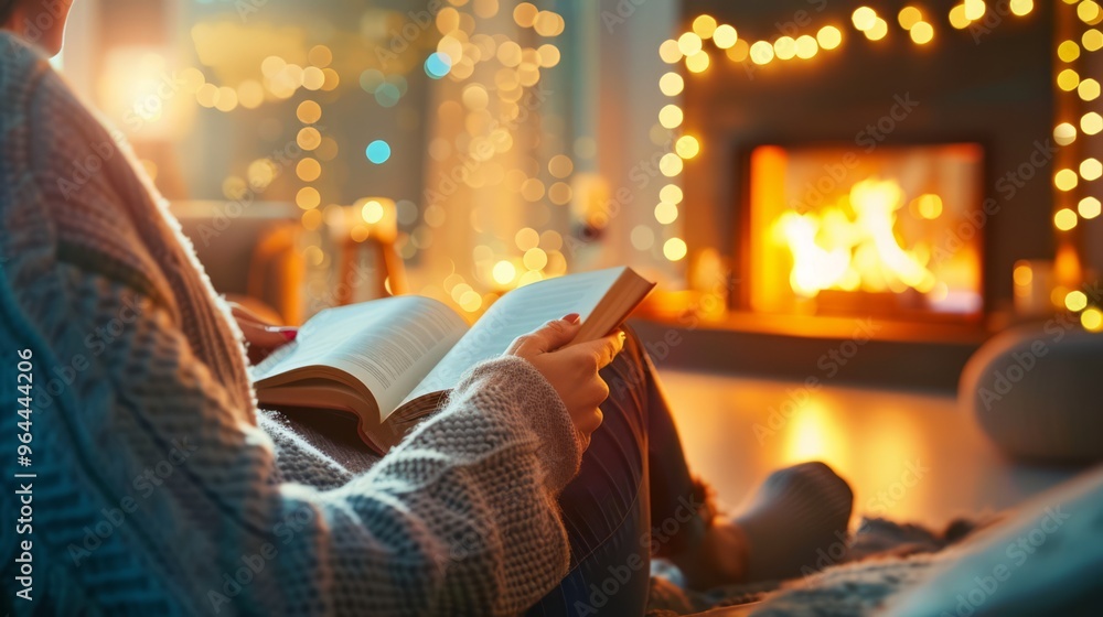 Middle-aged person reading a novel by the fireplace in a beautifully furnished living room, with a soft glow from the fire and a serene, relaxing ambiance, copy space for text