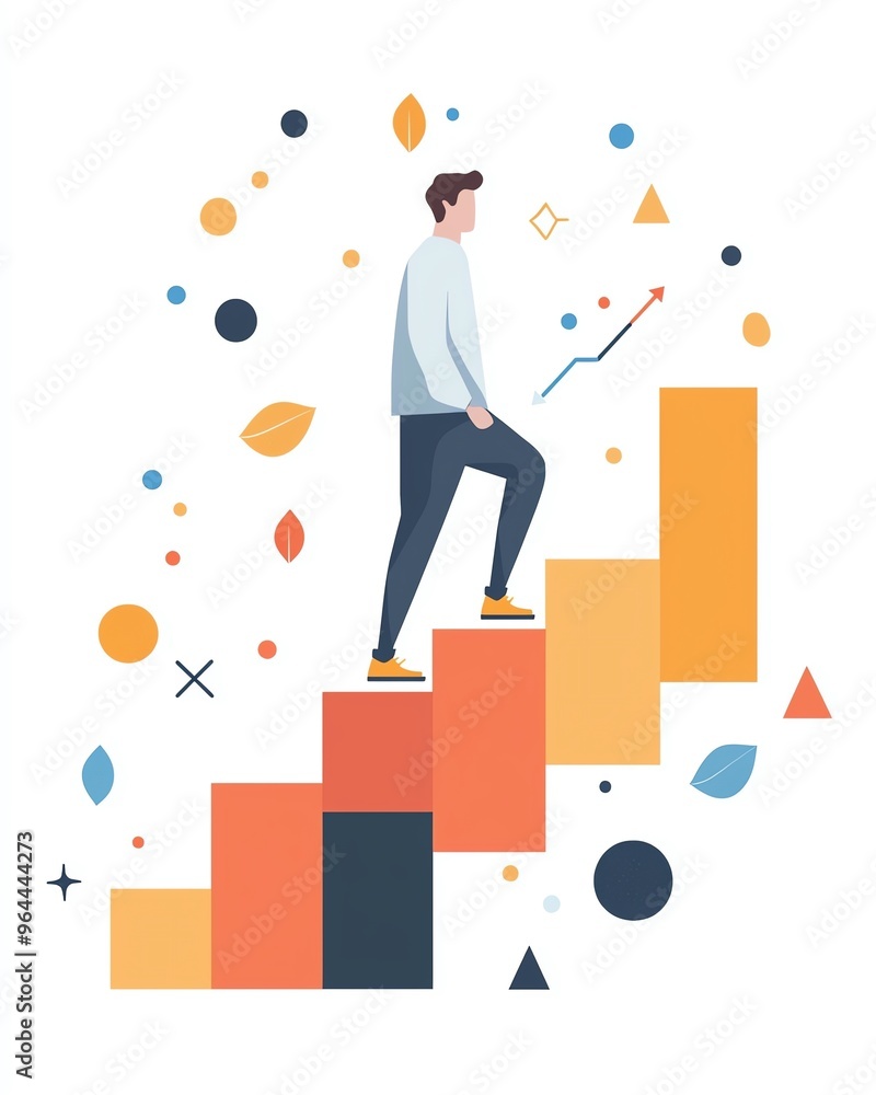Illustration of a person climbing abstract stairs towards growth with colorful geometric shapes in the background, symbolizing personal development. Illustration of a person climbing abstract stairs towards growth with colorful geometric shapes in the background, symbolizing personal development.
