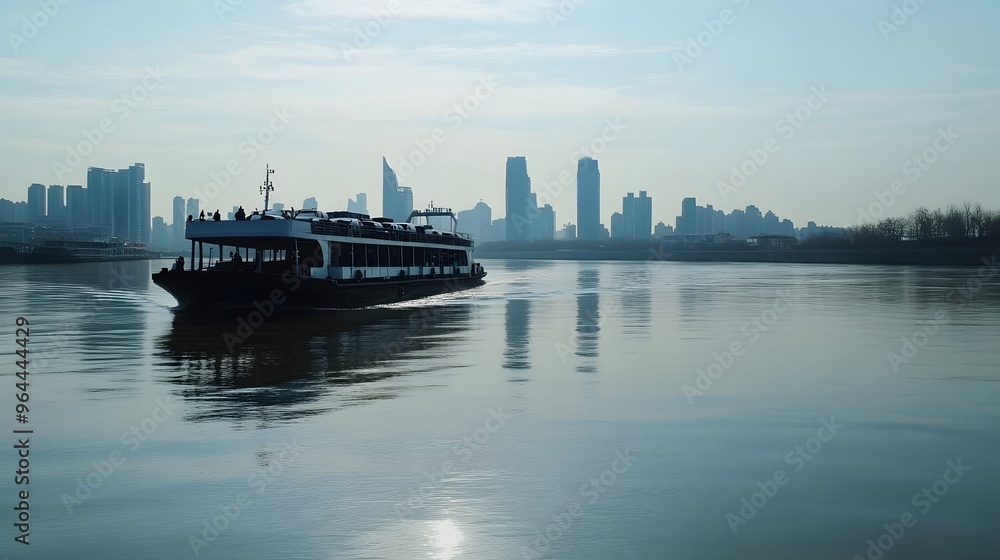 Naklejka premium A large ferry transporting cars and passengers across a wide river, with the city skyline in the background. Calm water reflects the vessel as it moves steadily.