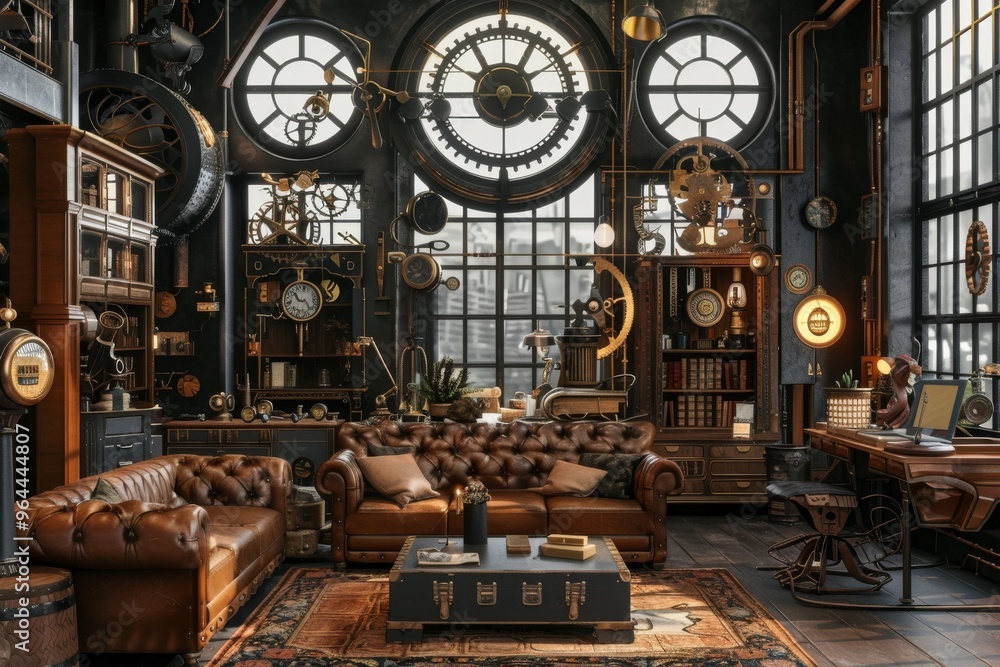 Steampunk Aesthetic A creatively designed room or workshop featuring steampunk elements like brass gears Steampunk Aesthetic A creatively designed room or workshop featuring steampunk elements like brass gears