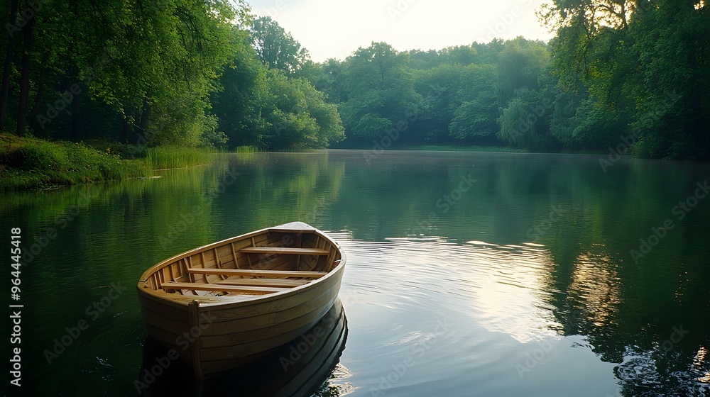 A single rowboat drifting on a quiet pond surrounded by lush greenery. Ripples spread out from the oars, and the water is still, creating a tranquil atmosphere. A single rowboat drifting on a quiet pond surrounded by lush greenery. Ripples spread out from the oars, and the water is still, creating a tranquil atmosphere.
