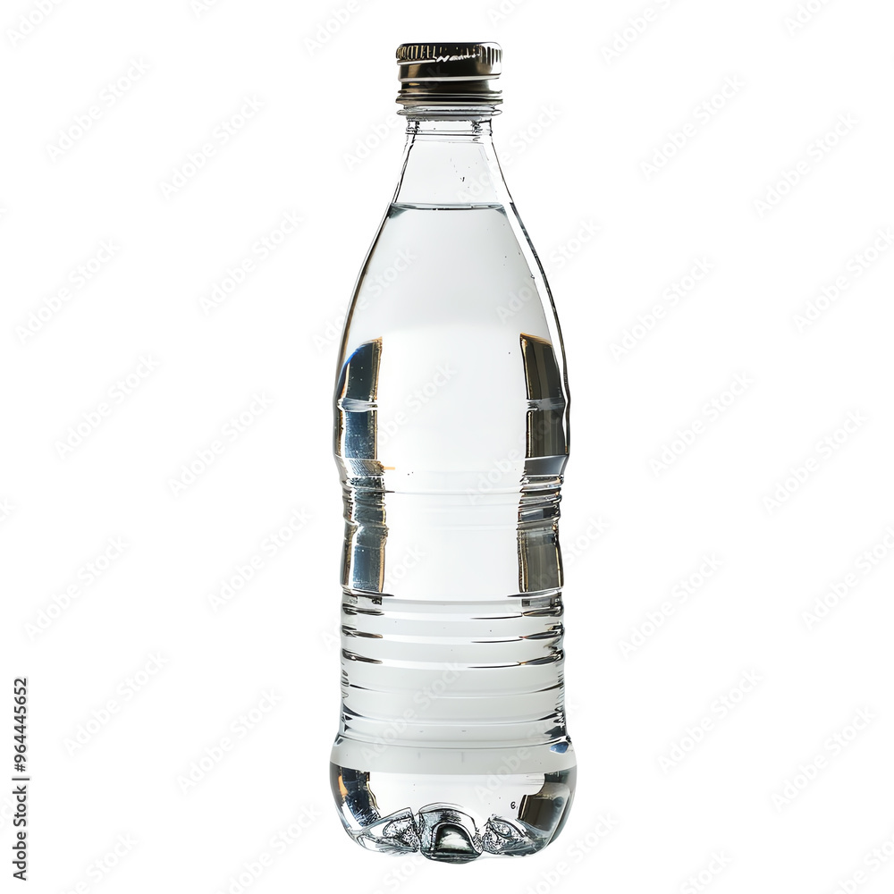 Clear plastic water bottle with twist cap, filled with fresh water, isolated on a white background, ideal for hydration and fitness visuals Clear plastic water bottle with twist cap, filled with fresh water, isolated on a white background, ideal for hydration and fitness visuals