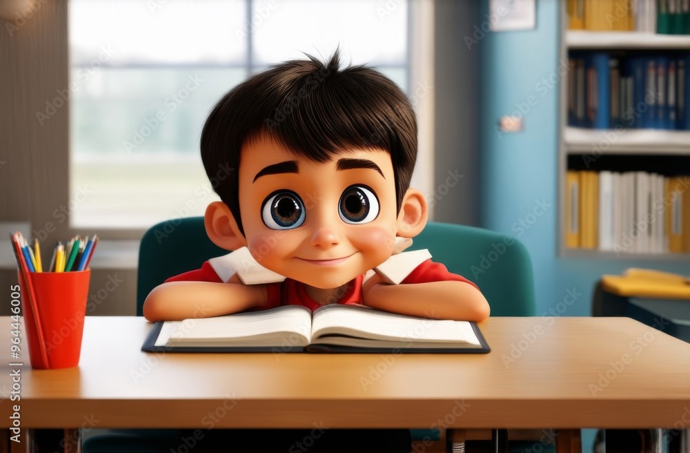 Tired schoolboy sitting at a table with textbooks, notebooks, holding his head, experiencing difficulties with studying Tired schoolboy sitting at a table with textbooks, notebooks, holding his head, experiencing difficulties with studying