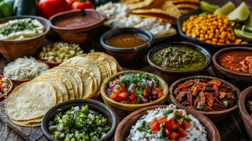 A plate of tacos with a variety of toppings including tomatoes, onions, and cilantro. The tacos are arranged on a wooden board and are accompanied by bowls of guacamole and sour cream A plate of tacos with a variety of toppings including tomatoes, onions, and cilantro. The tacos are arranged on a wooden board and are accompanied by bowls of guacamole and sour cream