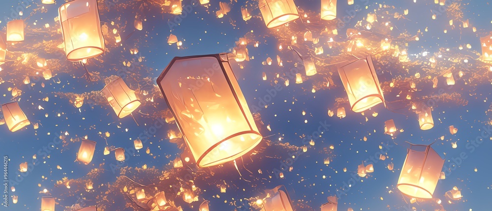 Floating lanterns glowing over a serene river, creating a warm and magical atmosphere, evening glowtime, peaceful and enchanting natural beauty Floating lanterns glowing over a serene river, creating a warm and magical atmosphere, evening glowtime, peaceful and enchanting natural beauty