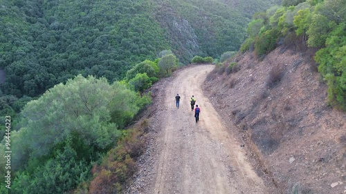 A group of people are walking down a dirt road in the woods