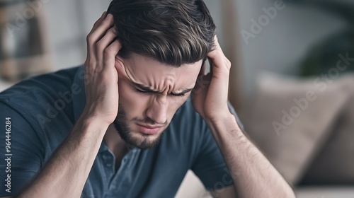 Stressed young man is touching his head, while sitting at home