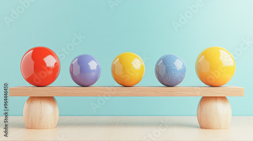 A wooden board with five different colored balls on it