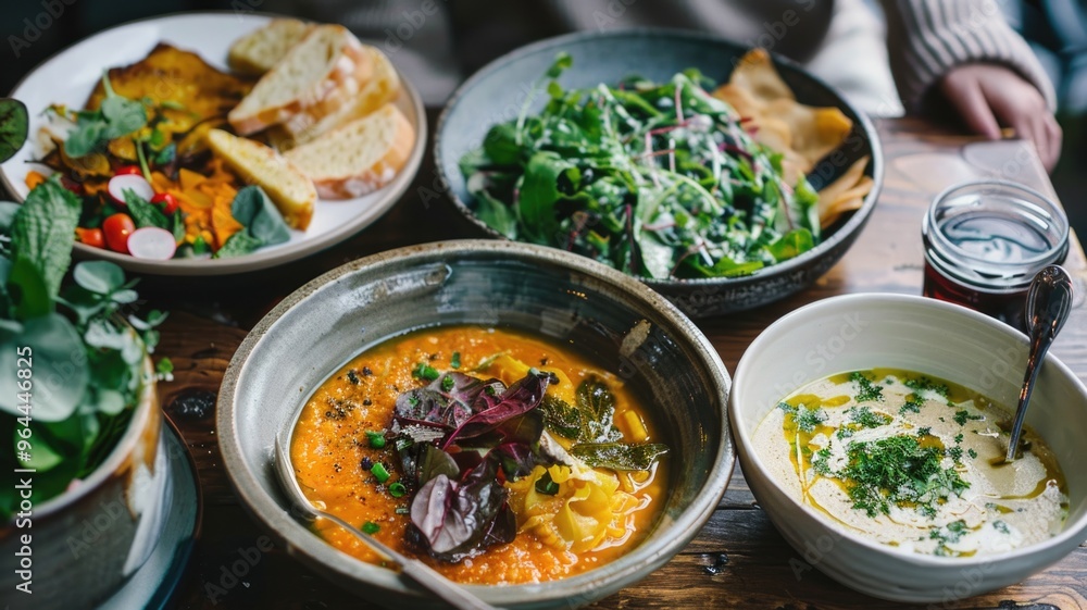 Healthy Vegetarian Meal with Fresh Salads, Soup, and kelp-based dishes, Healthy Vegetarian Meal with Fresh Salads, Soup, and kelp-based dishes,