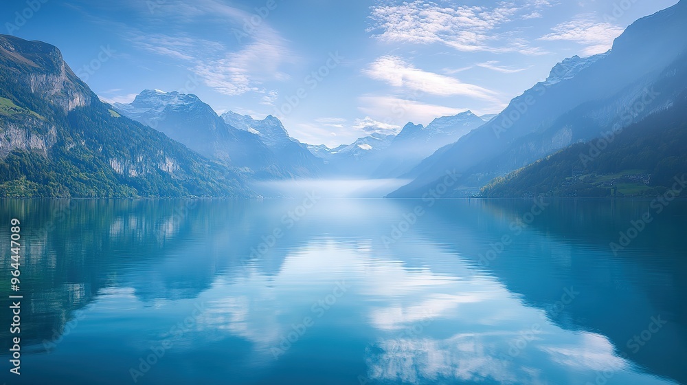 Serene Mountain Lake with Misty Valley and Reflections Serene Mountain Lake with Misty Valley and Reflections
