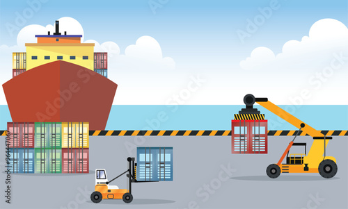 container handler forklift and container reach stacker truck at the seaport dock vector illustration