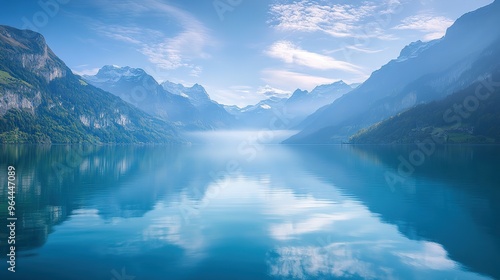 Serene Mountain Lake with Misty Valley and Reflections
