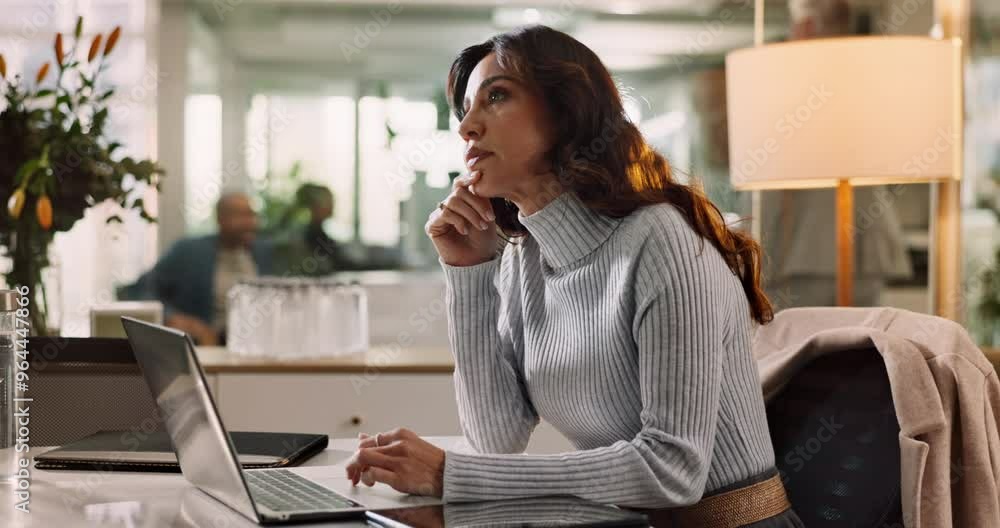 Laptop, thinking or business woman problem solving, solution or research in creative startup. Planning, idea and person on computer for insight, professional mindset inspiration for copywriting story